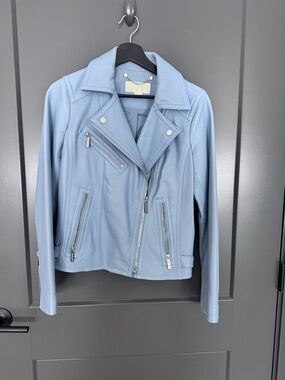 Michael Kors Light Blue 100% Leather Moto Jacket